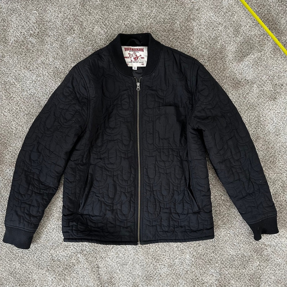True Religion Bomber Jacket Black Quilted Horseshoe Logo Men's‎ Large